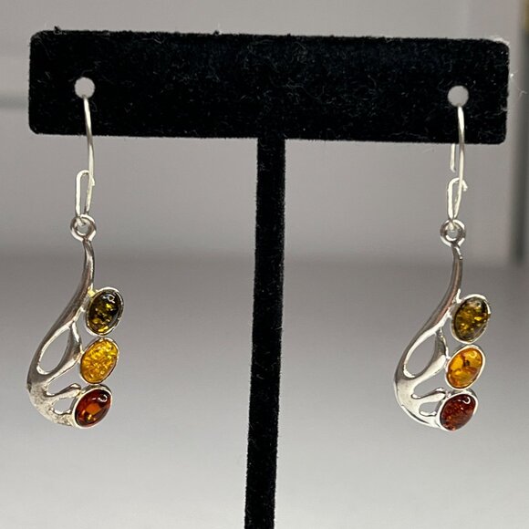 Amber Sterling Silver 925 Drop Earrings Jewelry With Multicolor Oval Cabochons - Picture 4 of 11